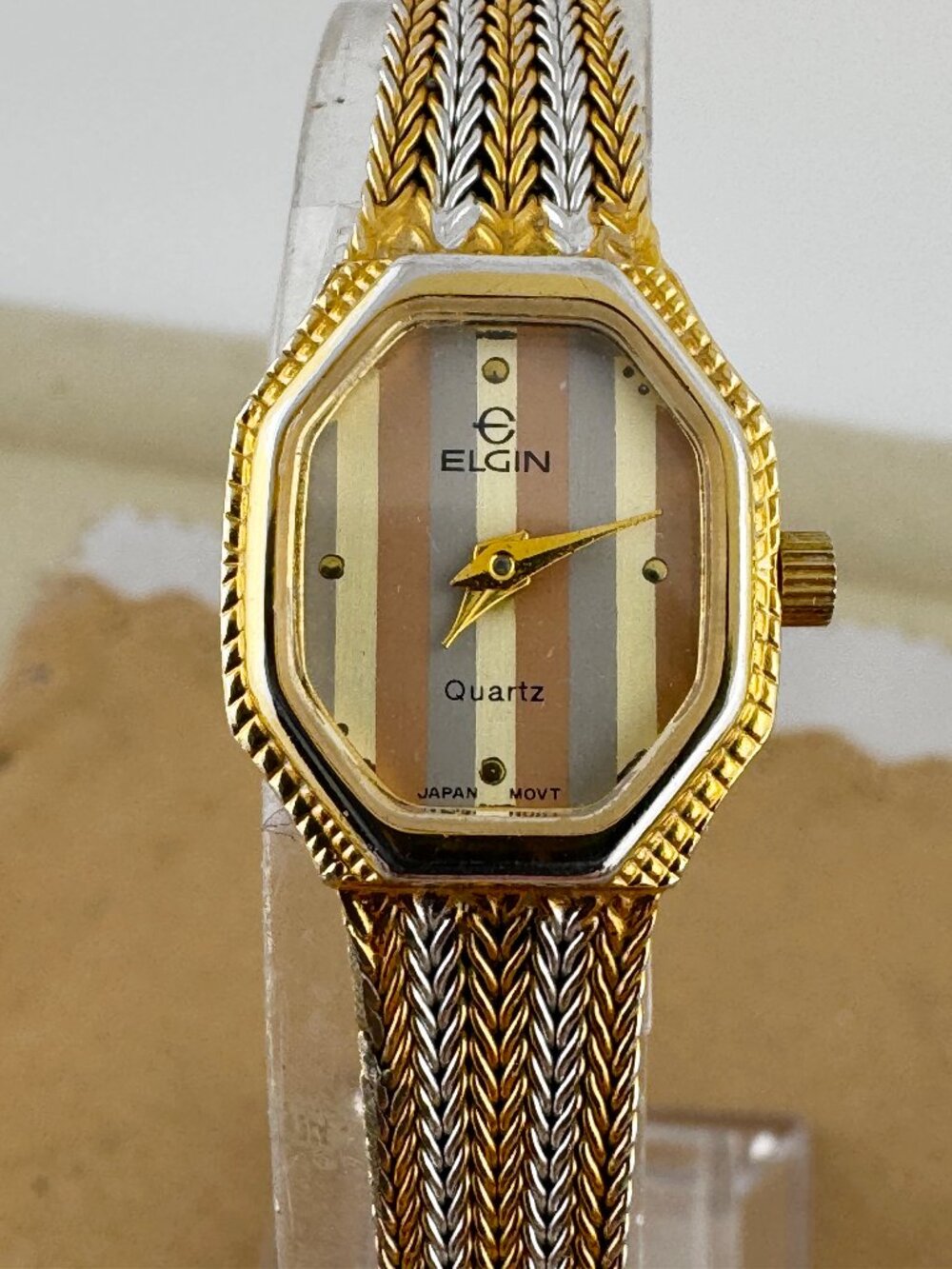 Vintage Elgin TriColor Gold Watch with Braided Mesh Bracelet
